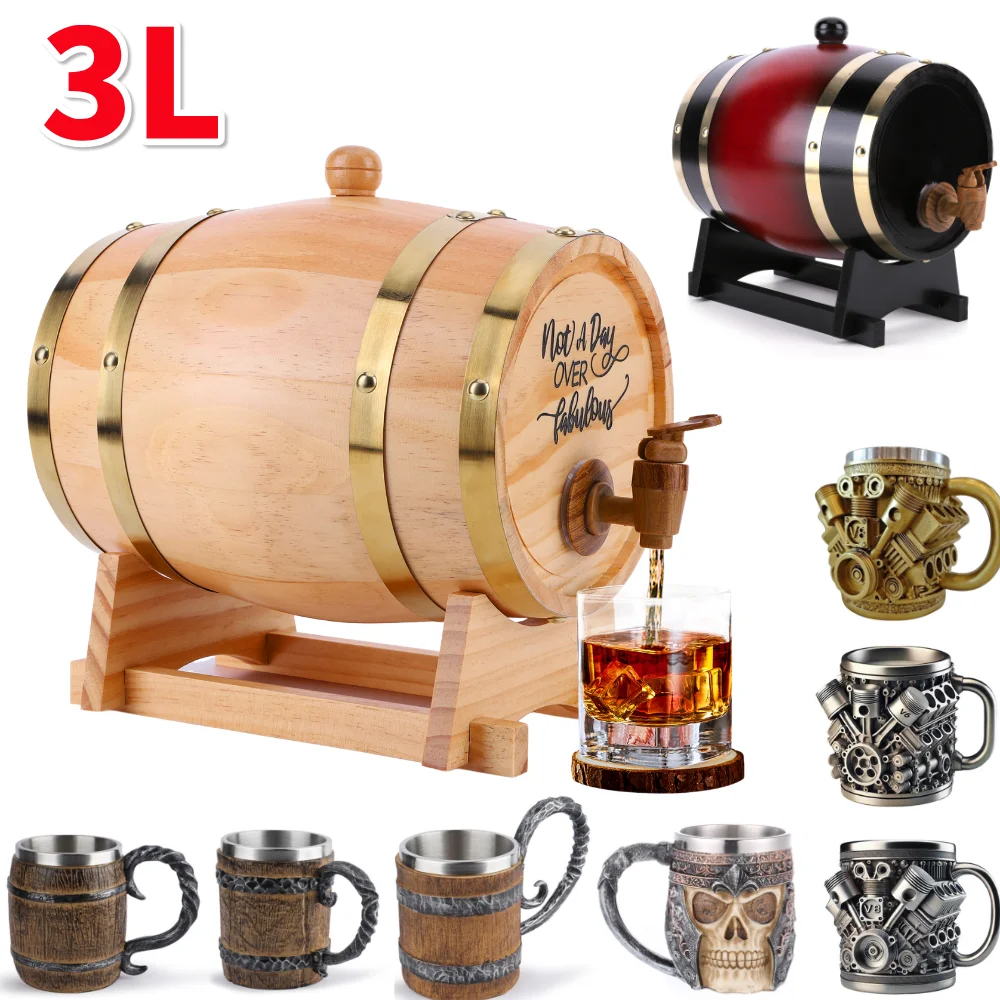 Wine Beer Whiskey - 3L木製ウイスキー樽、スタンド、栓、注ぎ口付きワイン樽、ウイスキー樽ディスペンサー、カクテル、バーボン、ラム、テキーラ、ビール用